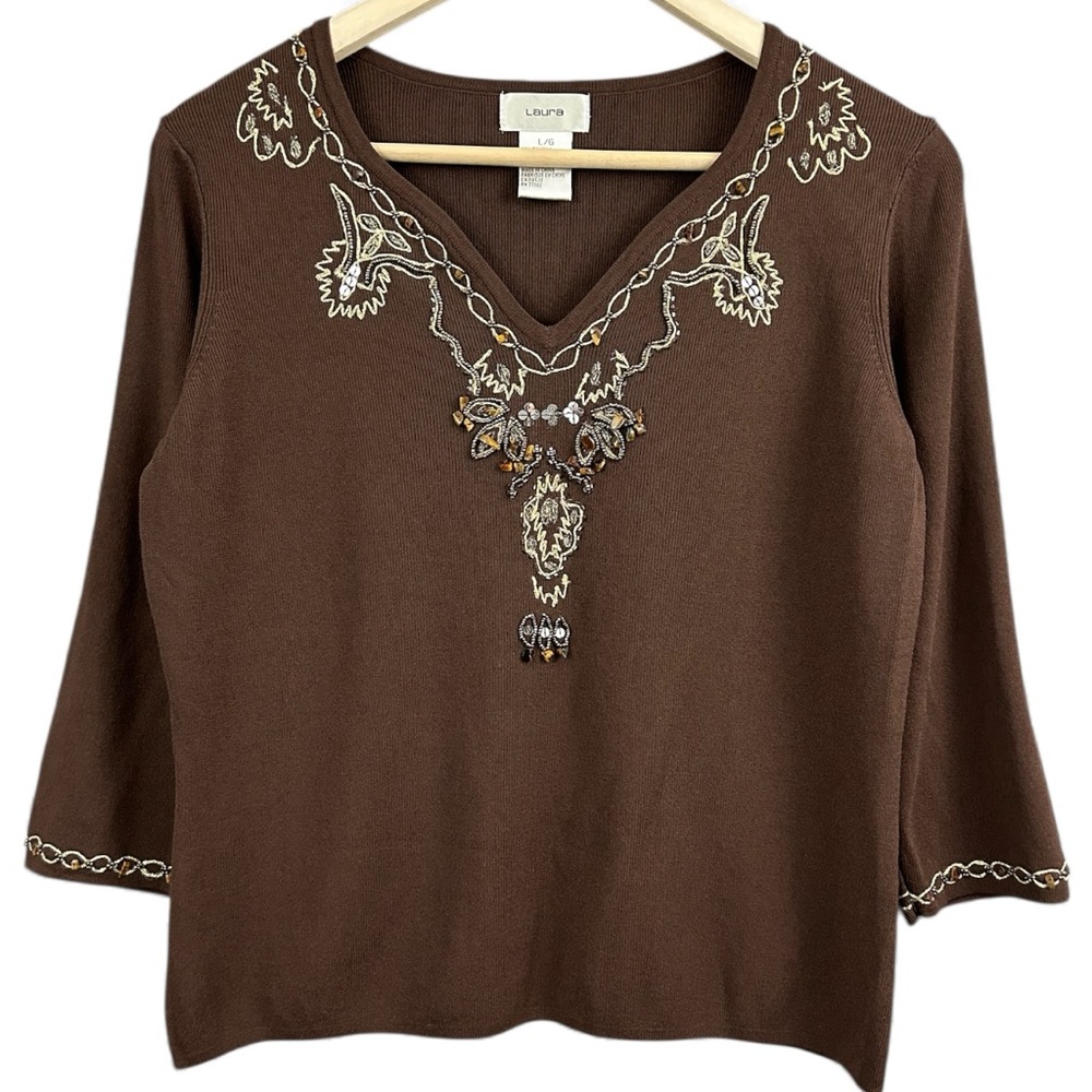 Laura beaded Stone Embroidered Top Brown Size Large